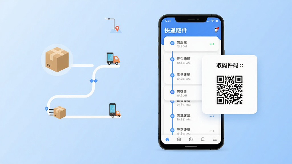 一款名为快递取件物流查询的手机应用界面展示,主体为居中摆放的安卓手机,屏幕显示快递物流查询列表与取件码卡片,布局上手机位于画面中央偏右,左侧以简洁的图形化包裹图标与物流路线点缀,排版清晰留白充足,风格为现代扁平化科技风,细节包括浅蓝色渐变背景、圆角卡片、物流节点时间轴与取件二维码元素,画质高清干净,无多余元素