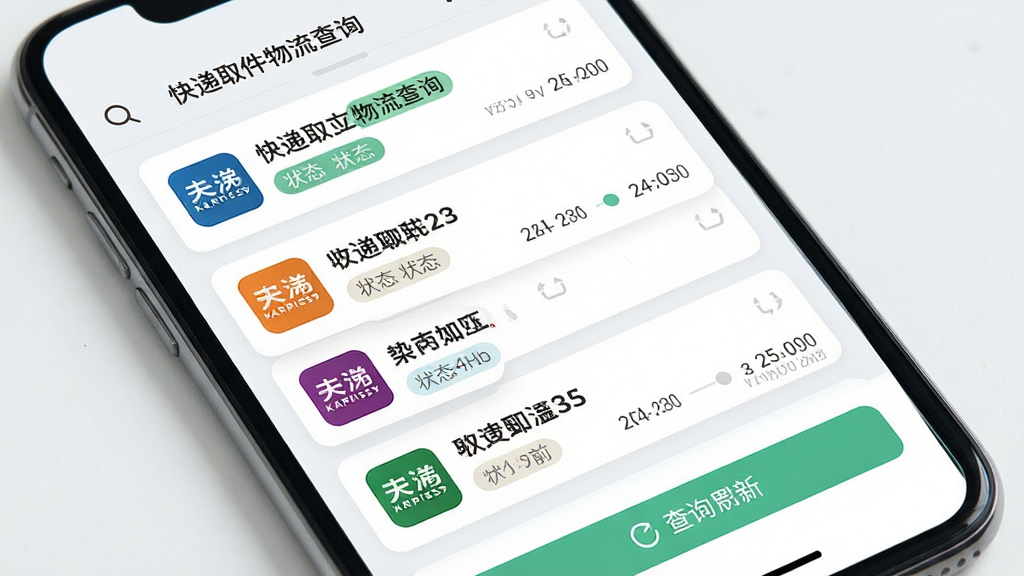 一款名为快递取件物流查询的应用界面特写,主体为手机屏幕中多个快递单号聚合排列的列表,布局为纵向卡片式排布,左侧配以不同快递公司彩色标识图标,排版整齐有序,风格为清爽浅色扁平设计,细节包括状态标签、时间轴节点与查询刷新按钮,画质清晰干净,无多余元素