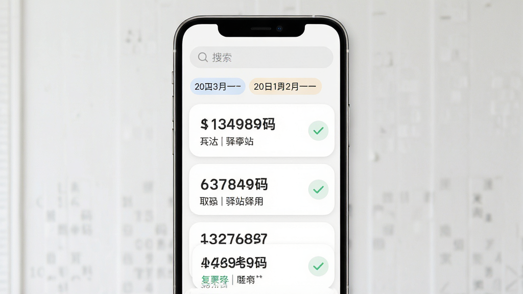 快递取件物流查询应用内取件码管理页面展示,主体为手机屏幕中的取件码卡片列表,布局为上下排列的圆角卡片,每张卡片包含取件码数字与驿站名称,排版简洁明了,风格为柔和浅色系界面设计,细节包括顶部搜索栏、日期分组标签与已取件勾选标记,画质高清干净,无多余元素