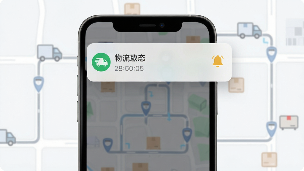 快递取件物流查询应用派送提醒功能展示,主体为手机屏幕弹出物流状态更新通知卡片,布局为手机居中、通知卡片悬浮于屏幕上方,背景为简洁的物流路线图,排版清晰,风格为现代轻拟物设计,细节包括派送中图标、时间戳与提醒铃铛元素,画质高清干净,无多余元素