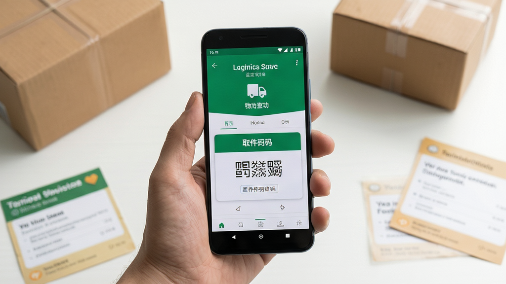 快递取件物流查询应用新手使用场景展示,主体为一只手握持安卓手机,屏幕显示物流查询成功页面与取件码卡片,布局为手机位于画面中央,背景为简洁的桌面与包裹元素,排版自然,风格为生活化写实摄影风,细节包括手机界面清晰可见、包裹纸箱与取件通知元素,画质高清干净,无多余元素