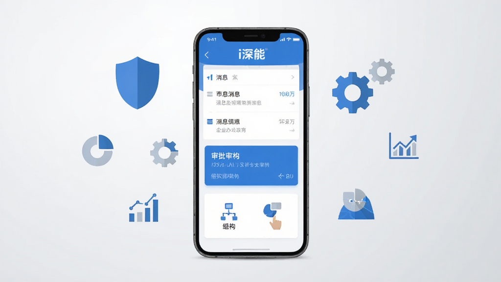画面主体为一部竖屏智能手机,屏幕中展示蓝色系企业办公应用界面,顶部有“i深能”文字标识,界面布局包含消息列表、审批卡片与组织架构入口,手机周围环绕盾牌、齿轮、数据图表等扁平化图标,背景为浅灰渐变,整体采用简约商务风格,细节清晰,画质干净,无多余元素