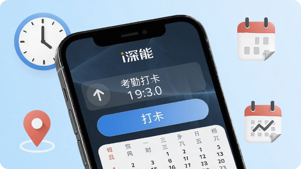 画面主体为手机屏幕中的考勤打卡与日程界面,显示打卡按钮、时间记录与日历视图,屏幕上方有“i深能”文字,周围环绕时钟、定位标记与日历图标,背景为浅蓝渐变,风格简洁明快,画质清晰