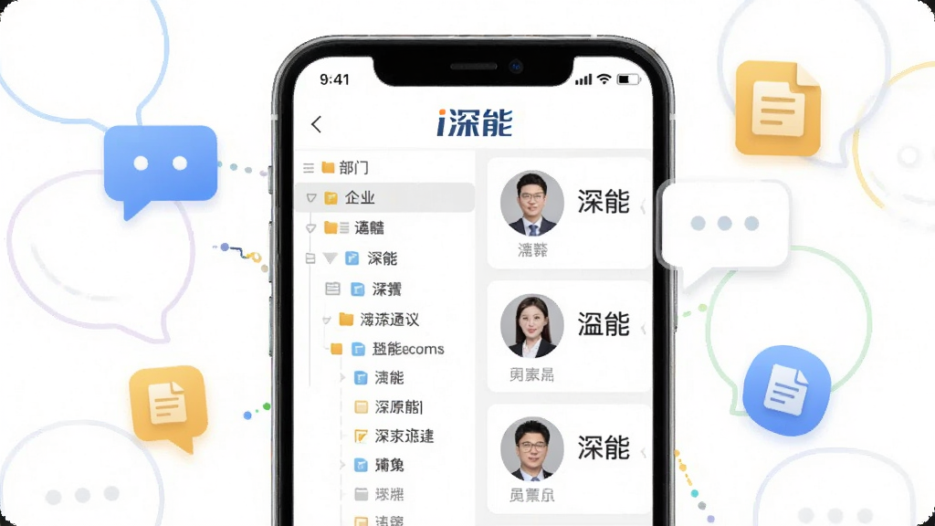 画面主体为手机屏幕中的企业通讯录界面,左侧为部门树状列表,右侧为员工头像与姓名卡片,屏幕上方有“i深能”标识,周围点缀对话气泡与文件图标,背景为白色简洁风格,布局清晰,画质干净