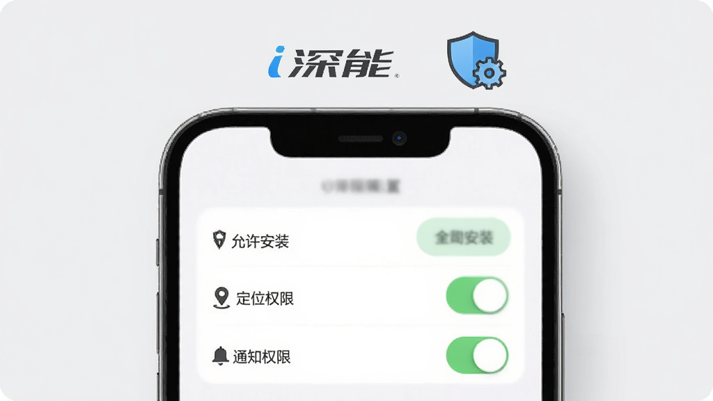 画面主体为手机屏幕展示应用安装与权限设置界面,包含“允许安装”“定位权限”“通知权限”等开关选项,屏幕上方有“i深能”标识,旁边放置盾牌与齿轮图标,背景为浅灰色,风格简洁,画质干净,无多余元素