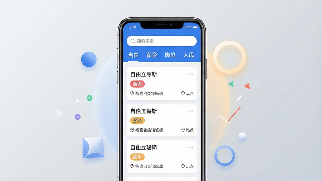 一张手机屏幕展示“自由零工”应用主界面的场景图,画面中央是一部竖屏智能手机,屏幕内呈现蓝白色调的岗位列表页面,顶部有搜索框和分类标签,下方排列着多条招聘信息卡片,每张卡片包含岗位名称、薪资标签和地点信息;手机周围点缀着简约的几何图形与柔和光晕,背景为浅灰色渐变;整体风格清爽现代,细节清晰,画质干净,无多余元素,适合软件下载站展示。