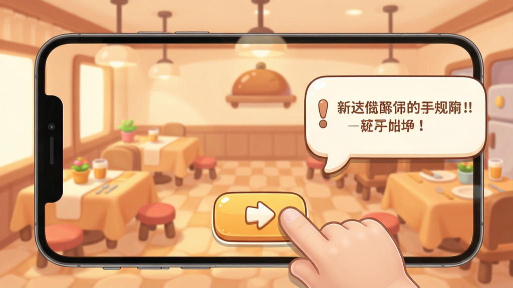 一张手机游戏新手引导界面的示意图,画面中展示卡通风格的餐厅场景,一只手指向屏幕上的操作按钮,旁边有提示气泡框,整体色调温暖柔和,风格简洁清晰,高清画质,画面干净