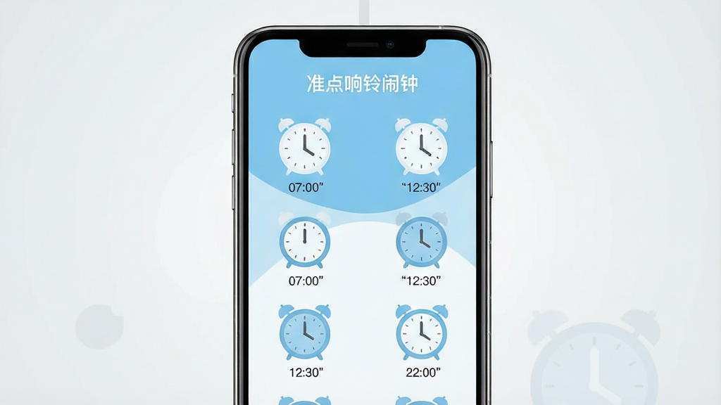 手机屏幕中央展示一个简洁的闹钟应用界面,主色调为浅蓝与白色,界面上有多个圆形闹钟图标排列整齐,每个图标下方标注时间文字如