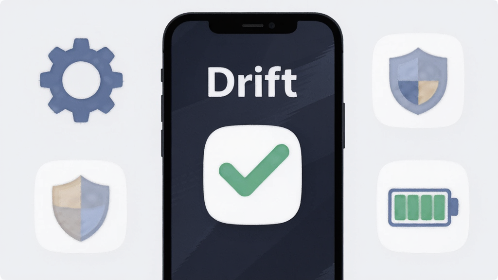 画面为一部手机屏幕特写,屏幕上显示“Drift”应用界面与一个绿色对勾图标,手机旁边摆放着齿轮图标、盾牌图标和电池图标,布局为手机居中、图标环绕,风格为扁平化科技插画,细节上图标采用圆角设计、颜色柔和,背景为浅灰色,画面干净无杂乱元素,画质高清,2K分辨率