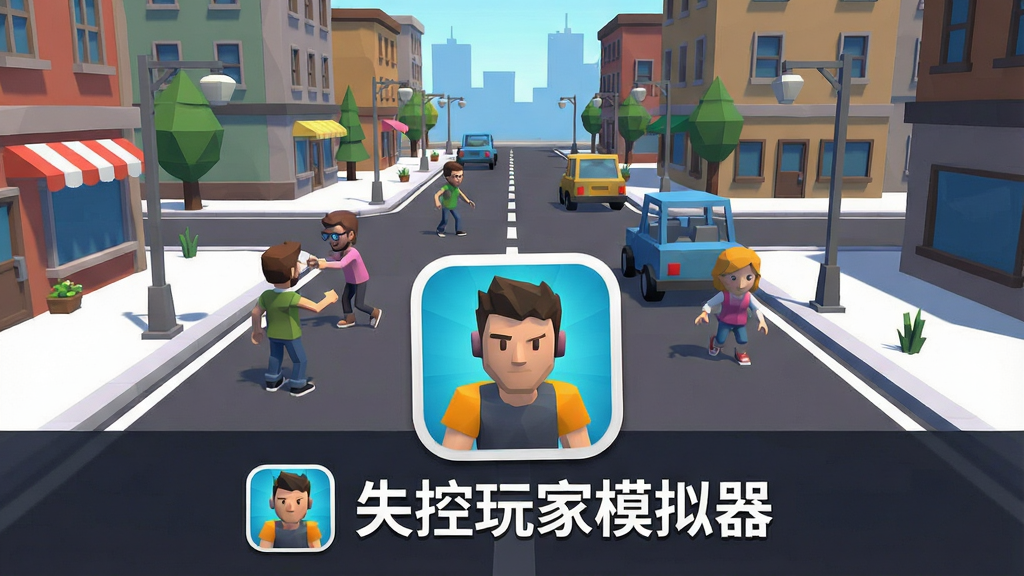 一张手机游戏场景展示图,画面主体为低多边形风格的开放城市街道,街道上有多个造型各异的卡通角色正在互动,画面中央放置一个醒目的游戏图标,图标下方写有“失控玩家模拟器”字样,布局采用居中构图,上方为游戏场景截图,下方为图标与文字,风格为清爽的扁平化游戏宣传图,细节包括路灯、车辆、建筑轮廓,画质清晰干净,无多余装饰元素