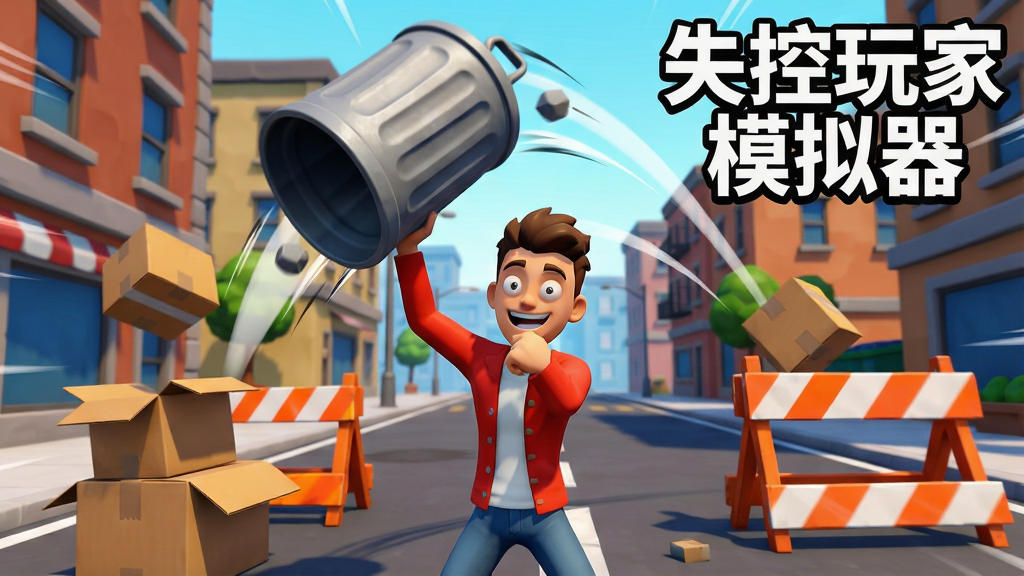 一张展示游戏物理互动效果的生图,画面主体为一个卡通角色正举起一个垃圾桶准备投掷,周围有散落的纸箱和路障,背景为城市街道,画面右上角写有“失控玩家模拟器”文字标识,布局为角色动作占据画面中心,文字位于右上角,风格为动感夸张的游戏截图风格,细节包括角色表情、物体运动轨迹线、背景建筑,画质明亮干净,无多余元素