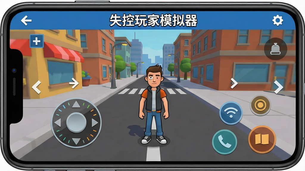 一张手机游戏新手引导界面的生图,画面主体为手机屏幕内显示虚拟摇杆和操作按钮的游戏界面,屏幕上方有“失控玩家模拟器”标题栏,界面中有一个卡通角色站在城市街道起点位置,布局为手机正视图居中,周围有简单的操作提示箭头,风格为扁平化UI设计展示图,细节包括摇杆刻度、按钮图标、角色轮廓,画质清晰干净,无多余装饰
