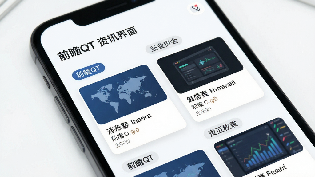 前瞻QT 资讯聚合界面展示,手机屏幕中排列整齐的资讯卡片,分类标签清晰,背景简洁明亮,现代扁平化风格,细节精致,画质清晰干净无多余元素