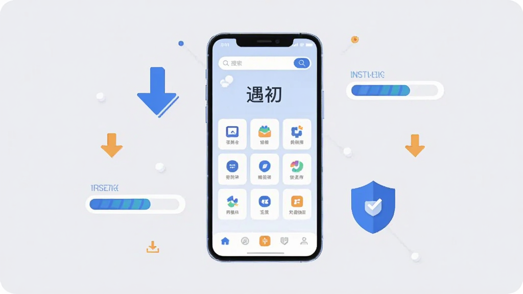 画面中央放置一部智能手机,手机屏幕上显示“遇初”应用的主界面,界面采用简洁的浅色卡片式布局,顶部有搜索栏,中部为功能图标网格,底部为导航栏。手机周围环绕着下载箭头、安装进度条、盾牌安全图标等元素,整体采用扁平化插画风格,色调以蓝白为主,辅以少量橙色点缀,画面干净整洁,细节清晰,画质高清,无多余杂乱元素,背景为纯色浅灰。