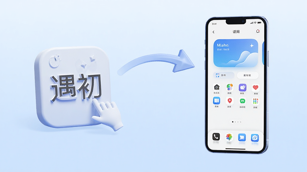 画面左侧展示一个轻巧的安装包图标,右侧展示手机屏幕从点击图标到应用界面完全展开的启动过程,中间用弧形箭头连接。整体采用3D渲染风格,安装包图标带有“遇初”字样,手机屏幕显示简洁首页,背景为渐变浅蓝色,画面干净,主体突出,画质细腻,无多余装饰元素。