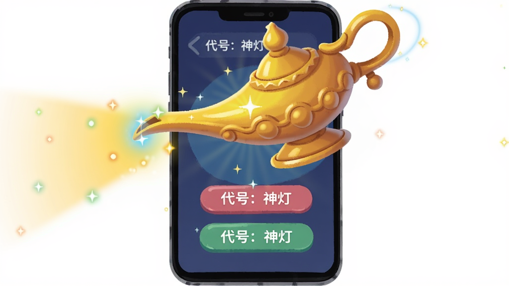画面主体为一盏卡通风格的神灯悬浮在手机屏幕上方,屏幕中显示互动按钮与光效反馈,布局为手机居中、神灯在上方倾斜照射光芒,风格为扁平化插画,细节突出屏幕内UI元素与光晕过渡,画质干净清晰,无杂乱背景,图片中打文字“代号:神灯”