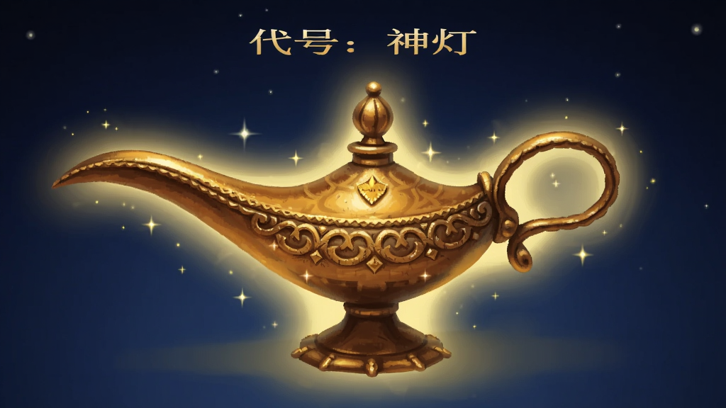 画面中央放置一盏散发温暖金色光芒的复古神灯,灯身雕刻精致花纹,周围环绕柔和光晕与细碎星点,背景为深蓝色渐变夜空,布局简洁居中,风格为数字插画,细节强调灯身金属质感与光效层次,画质清晰干净,无多余元素,图片中打文字“代号:神灯”