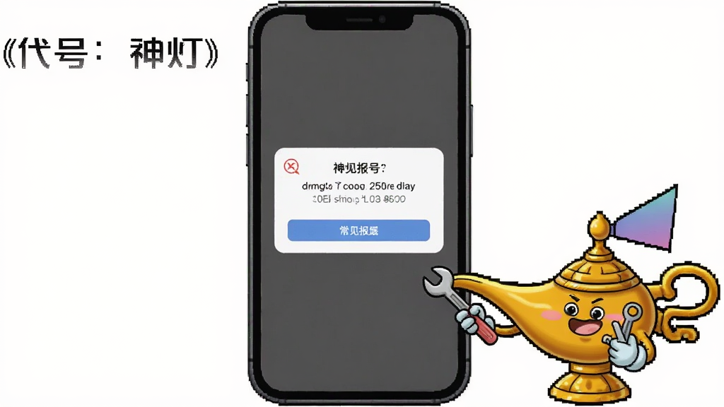 画面展示一部手机屏幕出现常见报错弹窗,旁边有卡通风格的神灯角色手持工具进行“修复”,布局为手机居中、角色在侧方操作,风格为趣味插画,细节突出弹窗内容与角色动作,画质清晰干净,无多余背景元素,图片中打文字“代号:神灯”