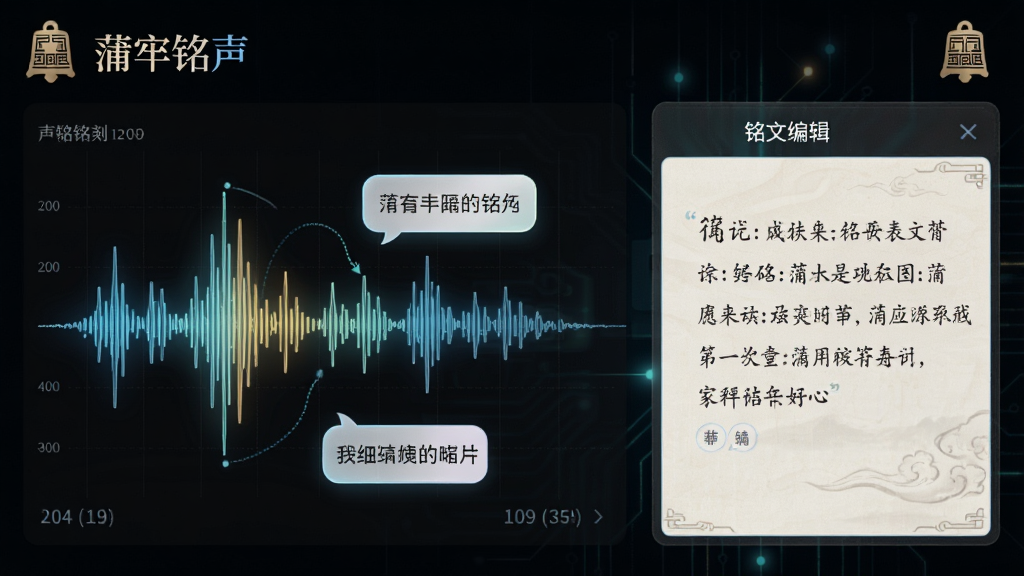 画面主体为“蒲牢铭声”应用中的声音铭刻界面,布局为左侧音频波形图、右侧铭文编辑框,风格为简约国风科技感,细节包含波形高亮、文字标注气泡、古典钟形图标,画质清晰,画面干净,无多余元素