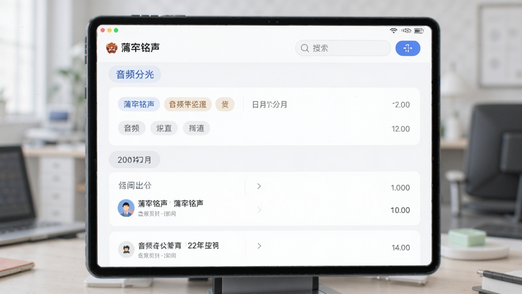 画面主体为“蒲牢铭声”应用的音频归档管理列表页,布局为纵向卡片式列表,风格为清爽浅色商务风,细节包含分类标签、日期分组、音频时长标识、搜索框,画质高清,画面干净,无多余元素
