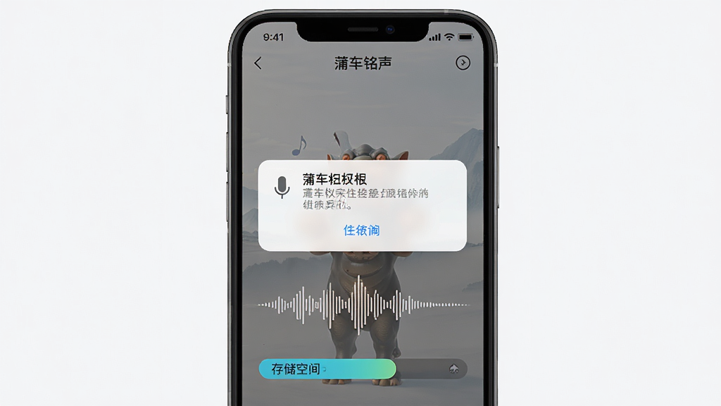 画面主体为“蒲牢铭声”应用在手机上的录音操作界面特写,布局为手机屏幕居中展示,风格为清新简约风,细节包含麦克风权限提示弹窗、录音波形动画、存储空间指示条,画质高清,画面干净,无多余元素