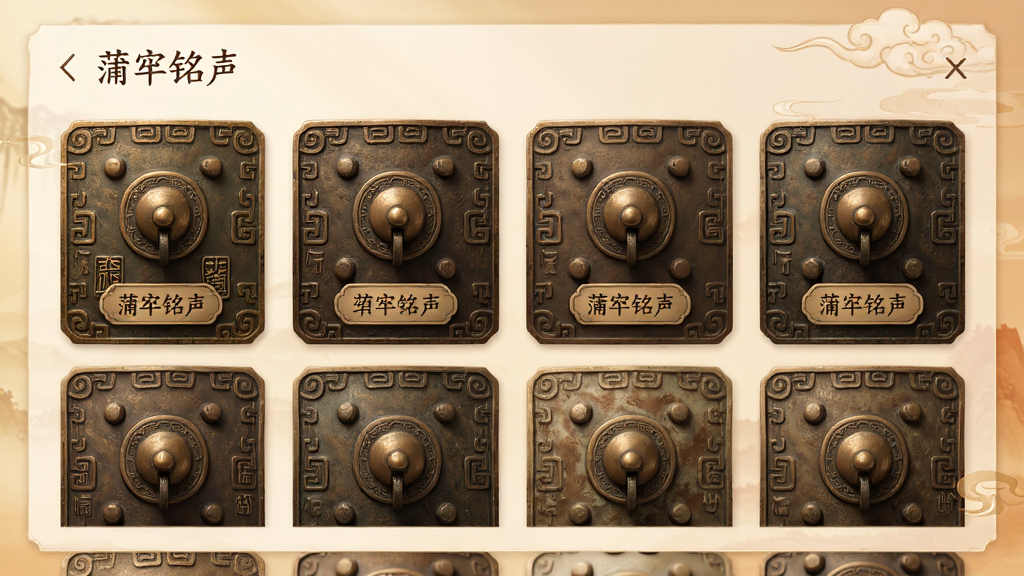 画面主体为“蒲牢铭声”应用中的铭文样式选择面板,布局为网格排列的样式卡片,风格为新中式典雅风,细节包含青铜纹样、篆刻字体标签、钟钮图案、柔和暖色背景,画质高清,画面干净,无多余元素
