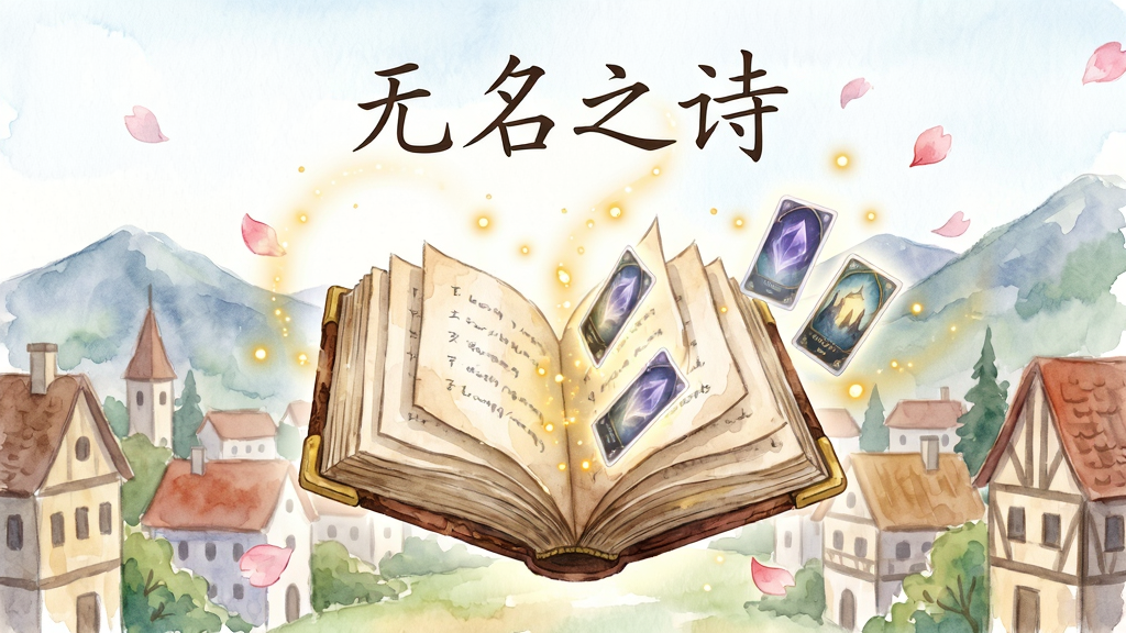 画面主体为一本悬浮在空中的古老诗集,书页翻动间飘散出金色光点与卡牌虚影,背景是水彩风格的小镇与远山,布局采用居中对称构图,上方留白处用优雅的手写体标注「无名之诗」四个字,整体风格为手绘水彩插画,细节包含书脊纹理、飘落的花瓣与柔和的光晕,画质清晰干净,无多余元素