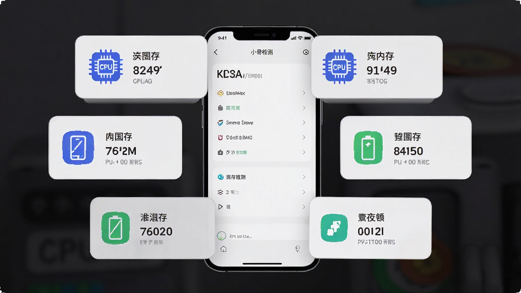 手机屏幕展示小骨检测硬件信息页面,主体为手机与悬浮的数据卡片,布局为手机居中、卡片环绕四周,排版层次分明,风格为现代科技简约风,细节包含CPU、内存、屏幕、电池等图标与数值,画质清晰,干净,无多余元素