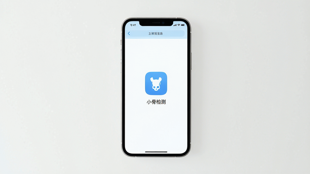 手机屏幕展示小骨检测主界面干净无广告,主体为手机与简洁图标,布局为手机居中、留白充足,排版极简,风格为清新素雅工具风,细节包含检测入口图标与清爽背景,画质高清,干净,无多余元素