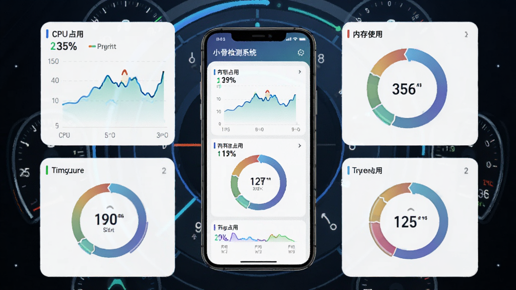 手机屏幕展示小骨检测系统监控仪表盘,主体为手机与环形数据图表,布局为手机居中、仪表盘环绕,排版动感有序,风格为数据可视化科技风,细节包含CPU占用率曲线、内存使用环形图、温度数值等,画质清晰,干净,无多余元素