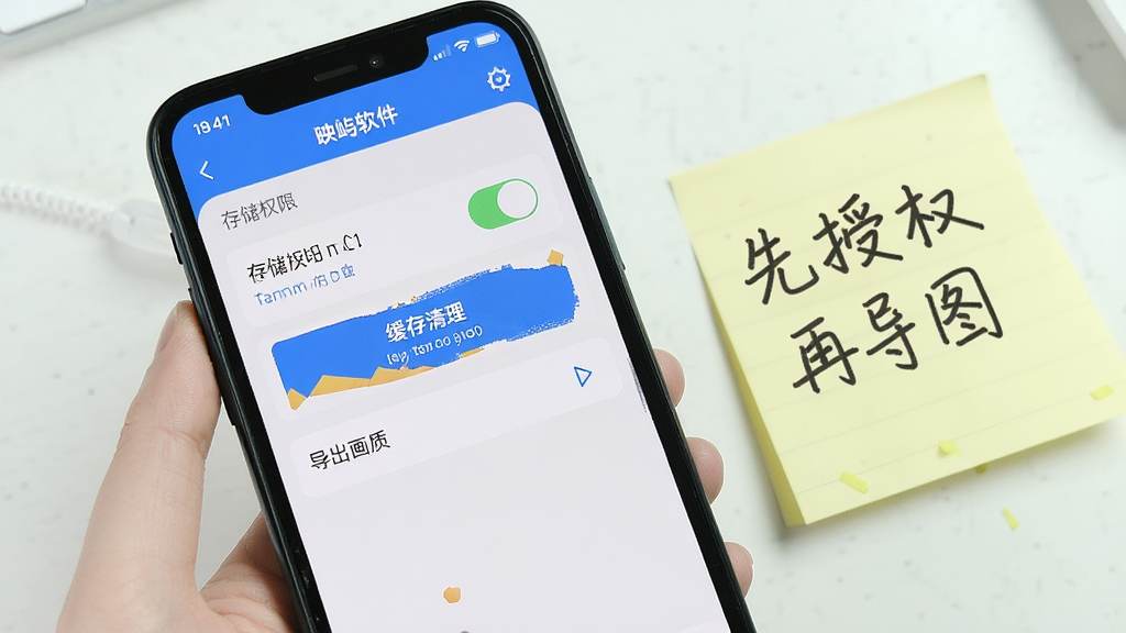 一部手机屏幕显示映屿软件的设置页面,页面中有存储权限开关、缓存清理按钮和导出画质选项,旁边放着一只手写便签写着“先授权再导图”,整体为实用教程风格,画面明亮清晰,细节到位,画质干净,无多余元素