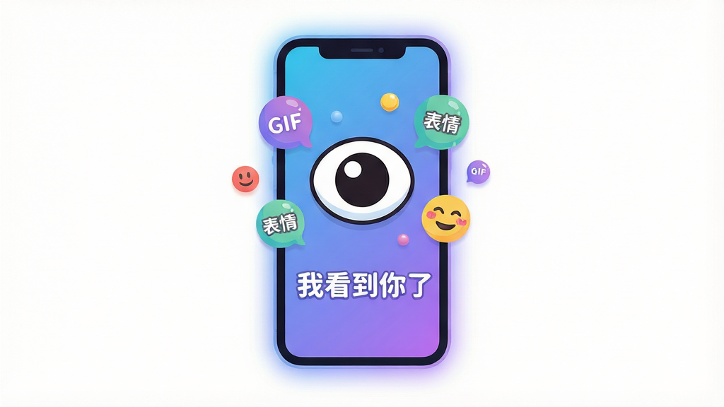 画面主体是一部智能手机悬浮在画面中央,屏幕中显示一个卡通化的大眼睛图标,眼睛周围环绕着若干彩色气泡和笑脸表情符号;布局采用中心对称构图,手机位于正中间,四周留白均匀;排版上软件名称“我看到你了”以圆润字体出现在手机屏幕下方;风格为扁平化插画风格,色彩明亮活泼,以蓝紫色渐变为主色调;细节上手机边框带有柔和光晕,气泡中隐约可见“GIF”“表情”等小字;画质清晰干净,无多余元素,整体视觉轻松友好。