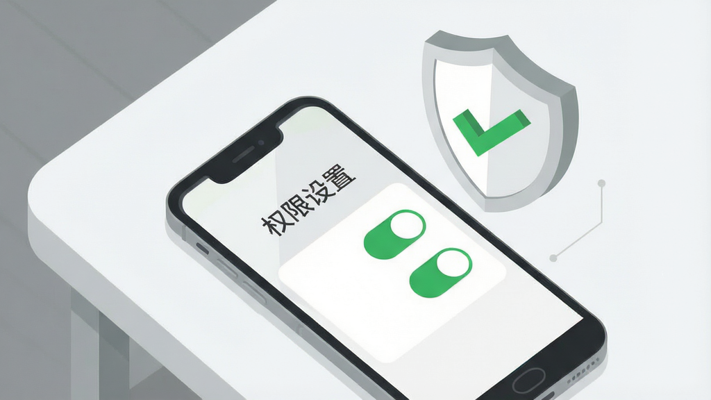 画面主体是一部手机平放在桌面上,屏幕显示“权限设置”界面,旁边有一个盾牌图标和绿色对勾标记;布局采用俯视视角,手机位于画面中央偏下,盾牌图标悬浮在手机右上方;风格为扁平化信息图风格,色彩以白色、浅灰和绿色为主;细节上盾牌带有轻微立体感,屏幕中的权限开关呈开启状态;画质清晰干净,无多余元素,整体传达安全设置与权限管理的视觉主题。