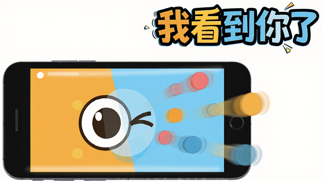 画面主体为一部横屏放置的安卓手机,屏幕中显示一个卡通眼睛正在眨眼,周围有多个彩色圆点从屏幕向外扩散;布局上手机占据画面左下方,右上方留出空间放置软件名称“我看到你了”的艺术字;风格采用扁平卡通插画,色彩以明快的橙黄与天蓝搭配;细节上圆点带有拖尾动效感,屏幕边缘有轻微光晕;画质干净清晰,无杂乱元素,整体氛围活泼有趣。