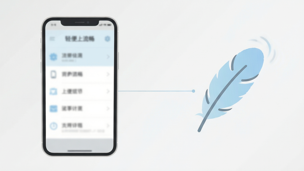 画面主体为一部手机与一个轻量化的羽毛图标并列放置,手机屏幕显示简洁的功能列表界面,羽毛图标象征轻量;布局采用左右平衡构图,手机在左、羽毛在右,中间用一条细线连接;风格为极简扁平化设计,色彩以浅灰、白色和淡蓝色为主;细节上手机屏幕中的文字模糊处理以突出整体简洁感,羽毛带有轻微飘动感;画质干净清爽,无多余元素,整体传达轻便流畅的视觉印象。
