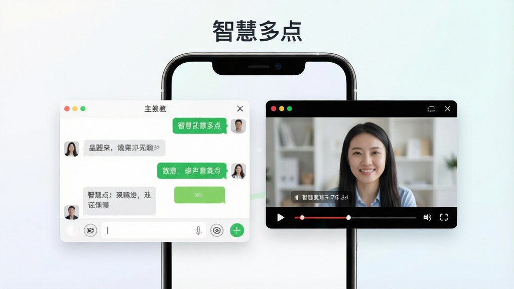 智慧多点软件主界面展示,手机屏幕中央悬浮两个并排的应用窗口,左侧为聊天界面右侧为视频播放界面,背景为浅色渐变,整体风格简洁清爽,画面干净无多余元素,高清画质,软件名称“智慧多点”以文字形式出现在界面顶部
