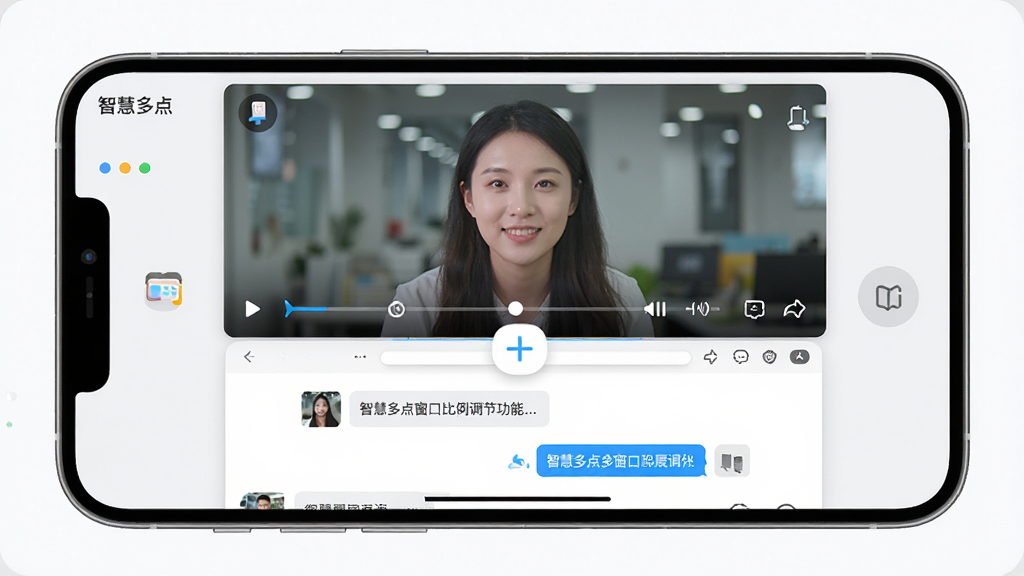 智慧多点窗口比例调节功能展示,手机屏幕显示横向分屏布局,上方窗口为视频播放界面占较大比例,下方窗口为聊天界面占较小比例,屏幕中间有可拖动的分界线,界面风格清爽,白色与浅灰色搭配,画面干净,高清画质,带有“智慧多点”文字标识