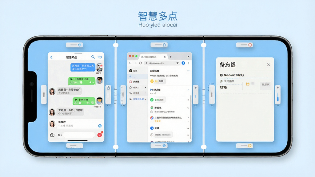 智慧多点多窗口并行运行功能展示,手机屏幕被分割为三个区域,分别显示聊天窗口、浏览器窗口和备忘录窗口,窗口边缘带有可拖拽调节的边框,界面风格现代简约,浅蓝色调,画面干净整洁,高清画质,界面中带有“智慧多点”字样