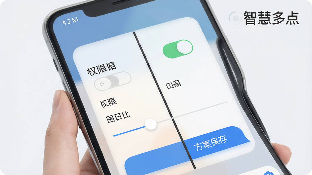 智慧多点新手使用场景示意图,手机屏幕展示分屏设置界面,包含权限开关、窗口比例滑块和方案保存按钮,界面风格扁平化,浅色背景,画面干净整洁,高清画质,带有“智慧多点”文字标识