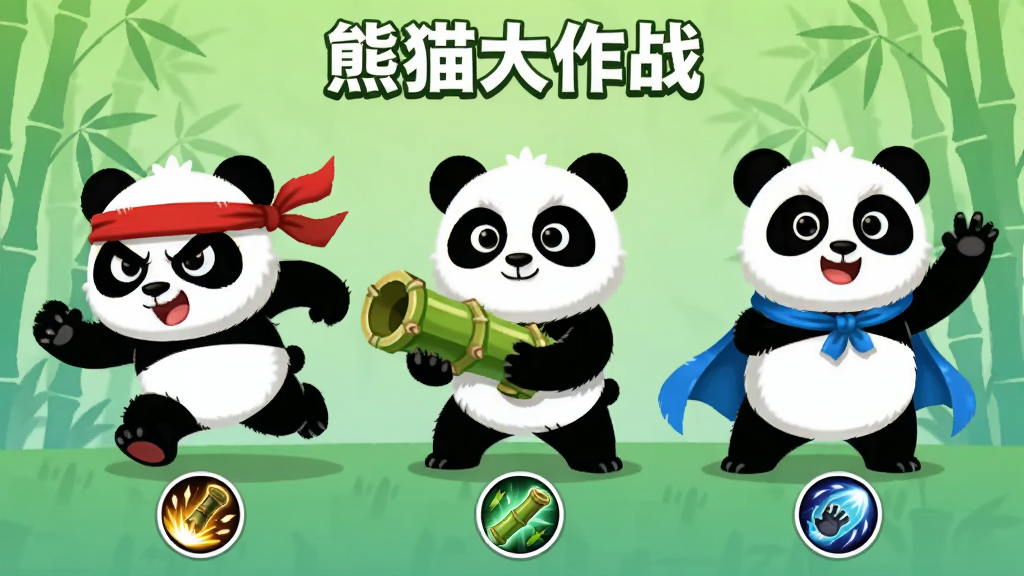 三只不同装扮的卡通熊猫角色并排站立展示,左侧熊猫戴红色头巾呈冲刺姿态,中间熊猫拿竹筒炮台,右侧熊猫披蓝色披风举手施法,背景为浅绿色渐变和竹林剪影,画面顶部写
