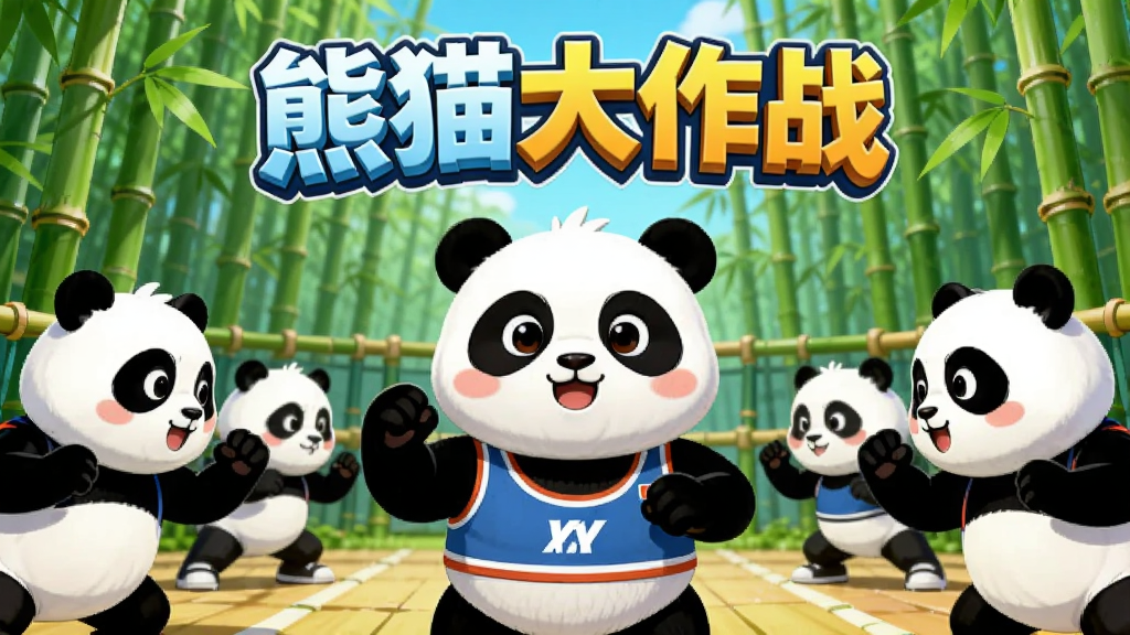 一只圆润可爱的卡通熊猫身穿运动背心站在绿色竹林竞技场中央,两侧各有其他熊猫角色摆出对战姿势,画面中央上方用立体字写