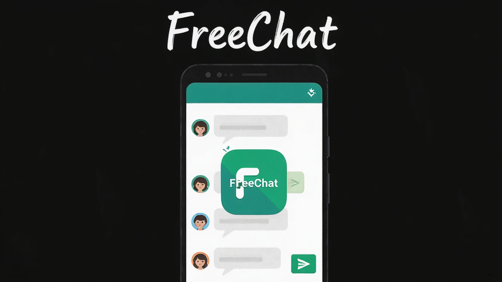 主体为一部安卓手机屏幕,屏幕中央展示FreeChat应用图标与聊天列表界面,布局采用居中构图,上方留白放置“FreeChat”手写体标题,排版简洁,风格为清爽扁平化UI插画,细节包含聊天气泡、头像圆圈、绿色发送按钮,画质高清,干净,无多余元素