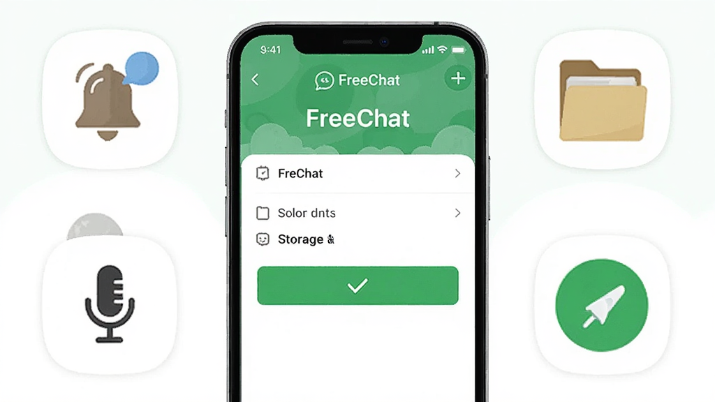 主体为一部手机展示FreeChat权限设置页面,布局为手机居中、四周漂浮权限图标,排版采用上下分层,风格为清新教程插画,细节包含通知铃铛、存储文件夹、麦克风图标与绿色允许按钮,画面中出现“FreeChat”字样,画质高清,干净,无多余元素