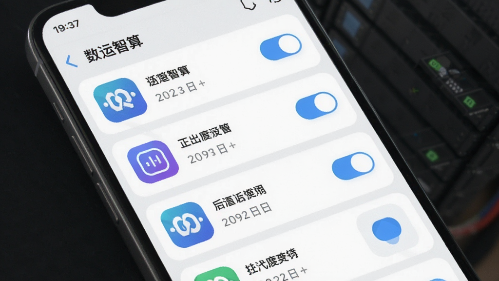 一幅展示后台进程管控列表界面的手机应用示意图,屏幕中列出多个应用图标与开关控件,界面配色为浅色系,背景干净整洁,风格现代扁平,细节清晰,画质干净,图片中带有“数运智算”文字