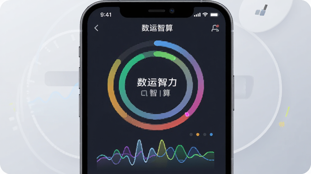 一幅展示手机屏幕中实时算力监测仪表盘的界面示意图,画面以手机正面为主体,屏幕内呈现彩色环形进度条与动态波形图,背景为柔和的浅灰色渐变,风格扁平化科技感,细节清晰,画质干净,图片中带有“数运智算”字样