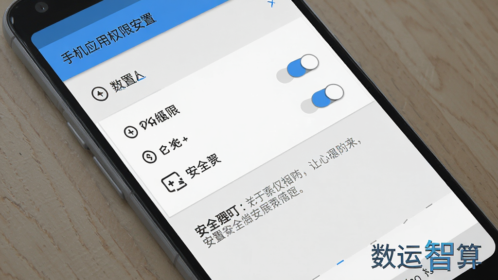 一幅展示手机应用安装权限设置界面的示意图,画面为安卓系统设置页面风格,包含权限开关与安全提示文字,配色为浅灰与蓝色,风格简洁实用,细节清晰,画质干净,图片中带有“数运智算”文字