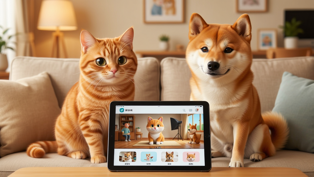一只橘猫和一只柴犬并排坐在沙发上,面前摆着一台显示萌宠片场界面的平板电脑,客厅背景温馨明亮,暖色调光线,画面居中构图,风格为写实摄影加轻微卡通渲染,细节丰富,毛发质感清晰,画质高清,干净,无多余元素