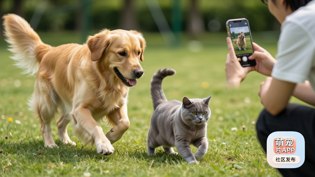 一只金毛犬和一只英短猫在草地上追逐玩耍,旁边有主人在用手机拍摄,画面右下角浮现萌宠片场APP的社区发布按钮图标,户外自然光,风格为清新写实摄影,细节生动,画质高清,干净,无多余元素