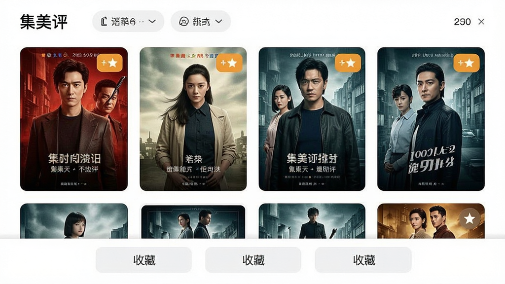一张个性化推荐界面展示图,画面主体为“集美评”应用中的推荐页面,屏幕上排列着多张影视海报卡片,卡片上带有评分角标,布局为两列网格,风格现代简洁,细节包括顶部筛选标签与底部收藏按钮,画质清晰,干净,无多余元素