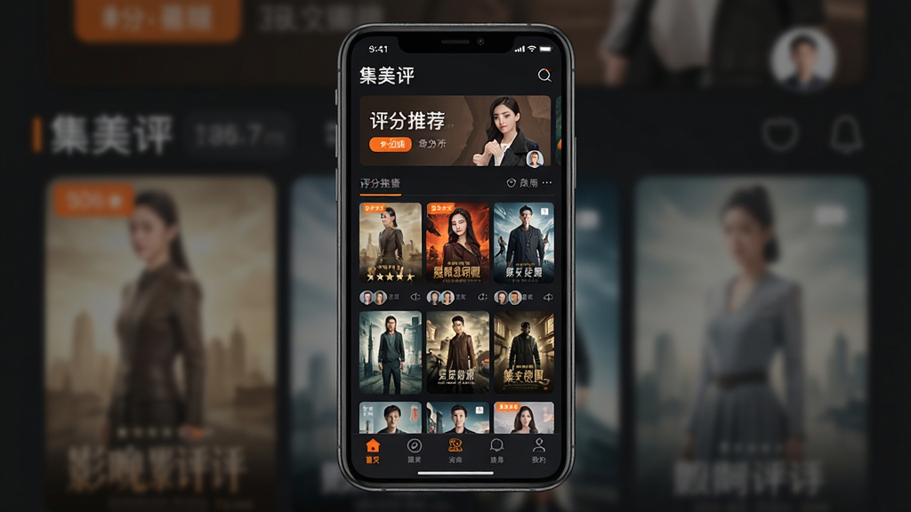 一张手机应用界面展示图,画面中央是一部竖屏手机,屏幕上显示“集美评”应用首页,顶部为评分推荐横幅,中部为影视海报网格,底部为导航栏,整体采用深色背景搭配橙色点缀,排版干净整齐,风格现代简约,细节包括评分数字标签与用户头像,画质清晰,干净,无多余元素
